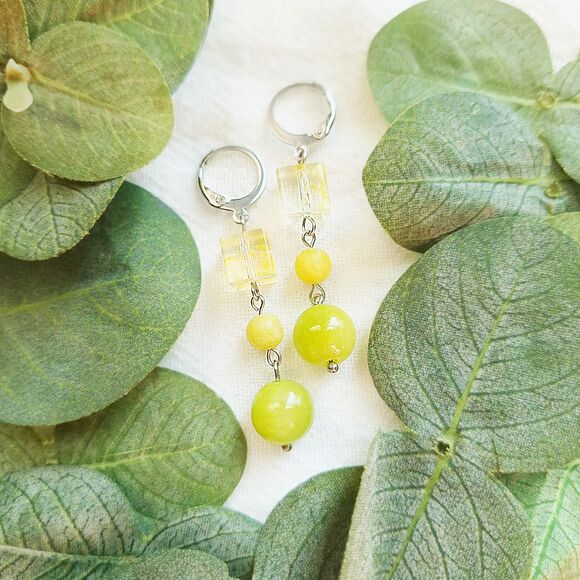 Lime Green Jade Stone Earrings, Geometric Boho Earrings, Y2K Retro Earrings - Picture 1 of 8